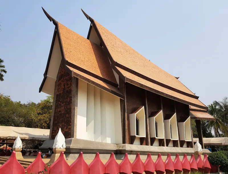 Wat Sala Loi angular brick hall in Korat, photographed in 2019.